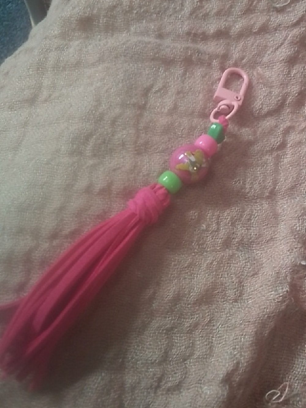 Pink Tassel Keychain with Green Beads - Bag Accessories